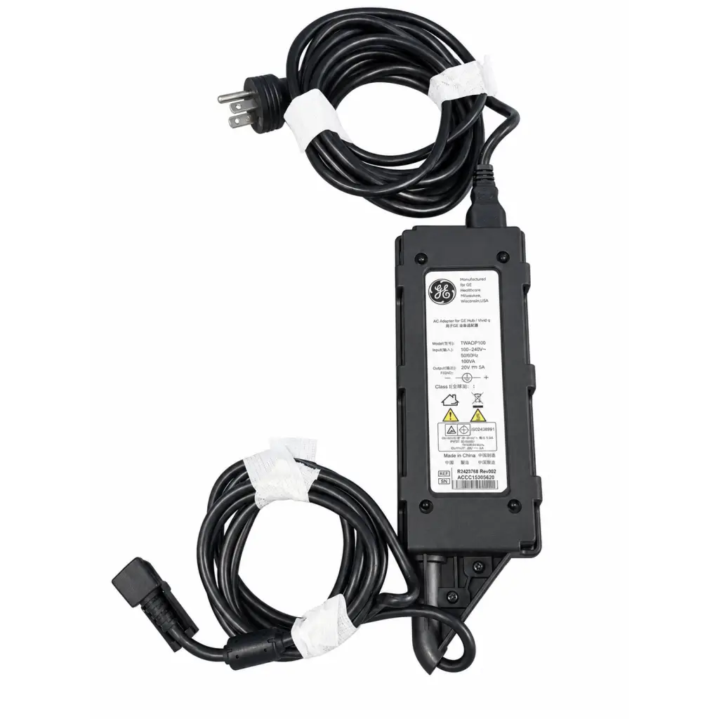 Black ge brand adapter power supply with coiled power cord and white tape for vivid i vivid q ultrasound