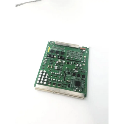 Green printed circuit board with black integrated circuits and silver connectors in ge ultrasound acwd assy 5140503-2 rev 2