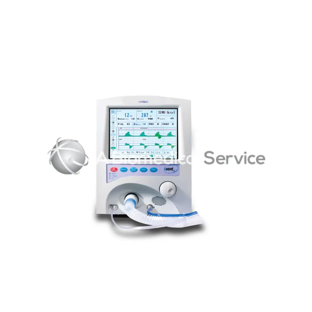 White ge versamed ivent 201 ventilator with digital display showing green waveforms and blue front panel controls for biomedical service