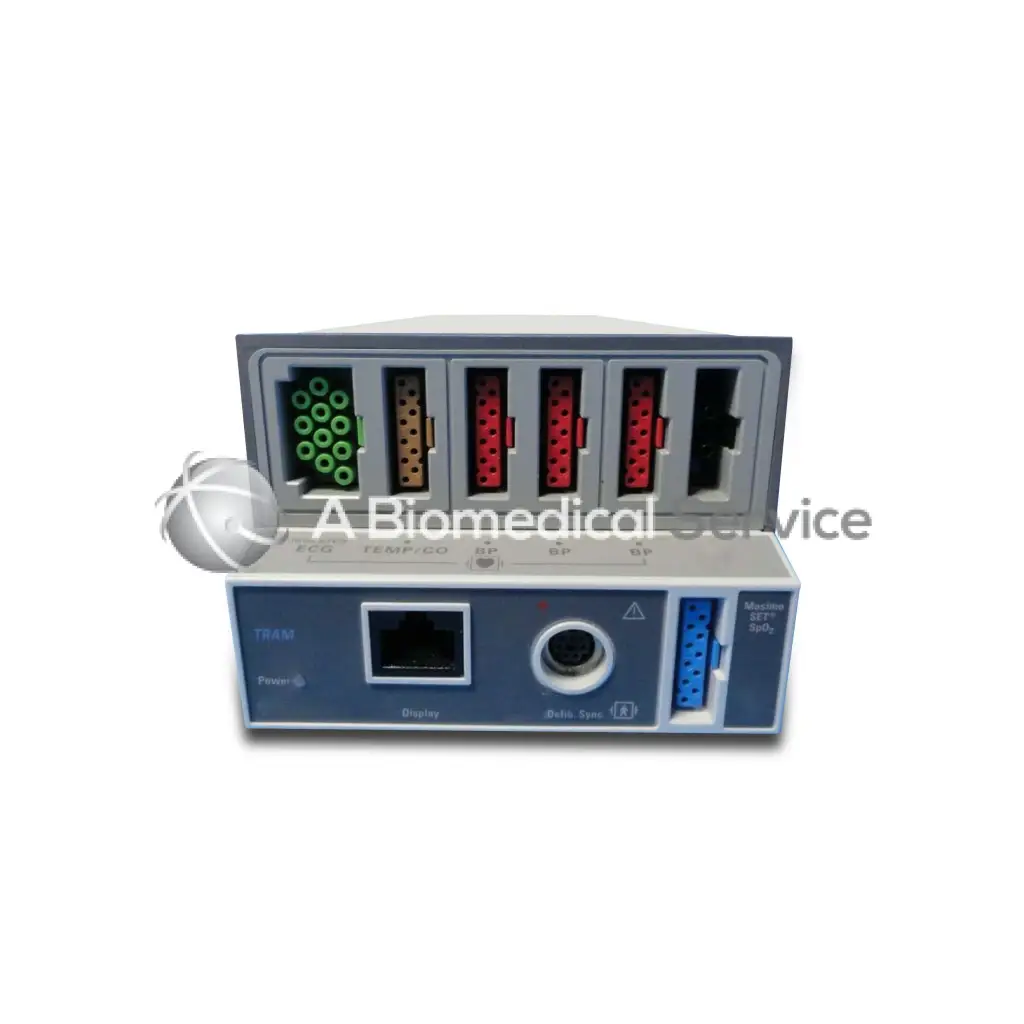Gray and blue gemarquette 450sl tram medical data acquisition unit with multiple colored connectors on the top panel