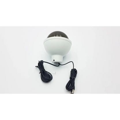 White dome-shaped general lock pendant mount camera with black lens cover and two coiled cables for security products use