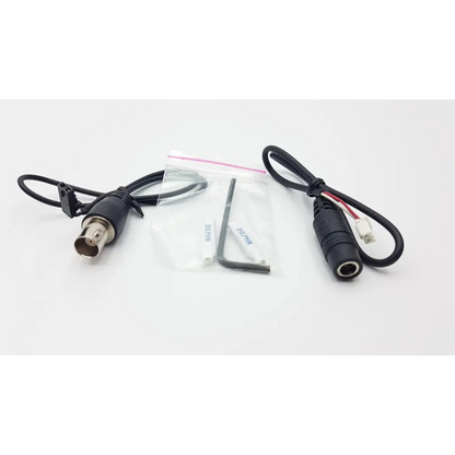 Black bnc-to-dc power adapter cable with 3.5mm audio jack and hex key for general lock pendant mount camera security products