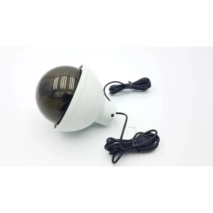 White dome-shaped pendant mount camera with dark translucent lens and black coiled cable by general lock security products