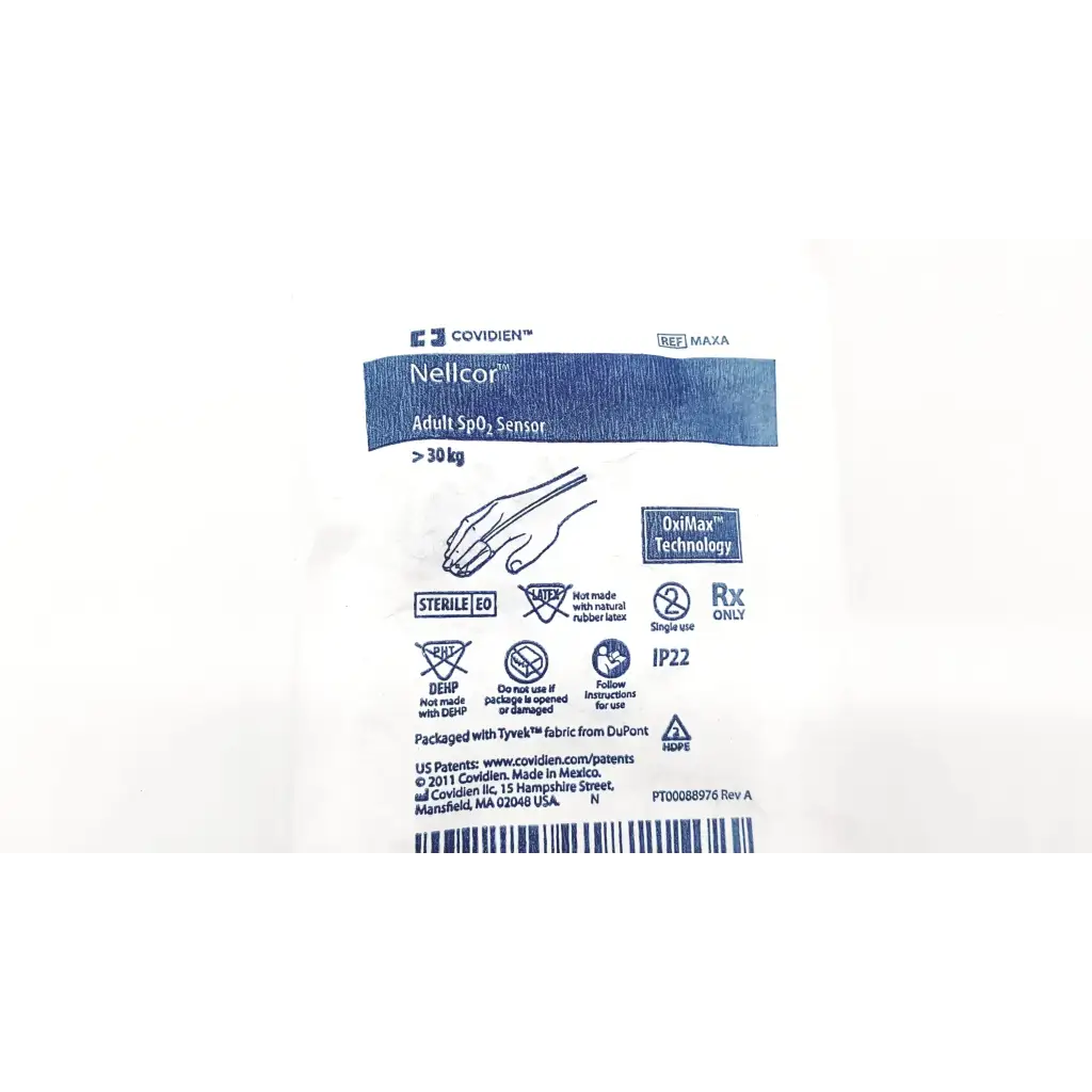Genuine nellcor ref maxa adult spo2 sensor in a sterile white pouch with blue branding designed for adults over 30kg