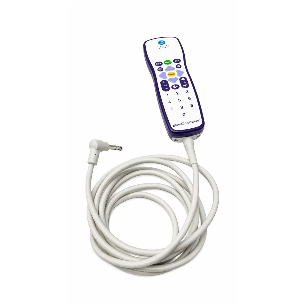 White and purple biomed certified patient remote control with coiled cable and navigation numeric buttons by GetWellNetwork