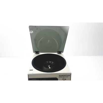 Gfmd silencer 2110 s2110sp ppp centrifuge system with white body, black rotor, and transparent lid