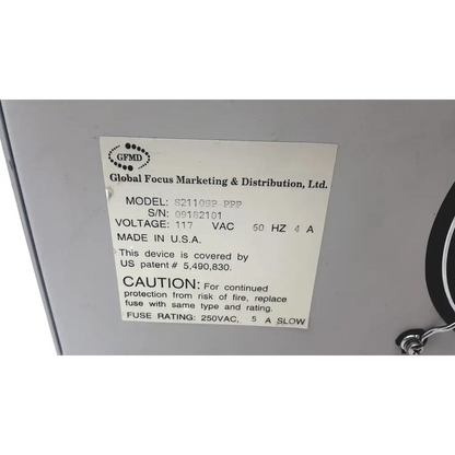 White label with black text and logo on gray appliance of gfmd silencer s2110sp ppp centrifuge system