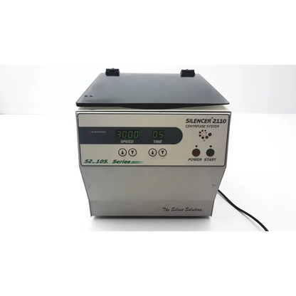 Silver gfmd silencer 2110 centrifuge system with black lid and digital display showing speed and time for s2110sp ppp centrifuge