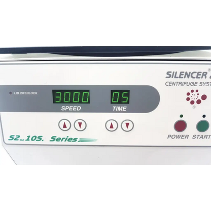 White silencer s2.105 series centrifuge control panel with green digital speed time displays and red and green buttons for gfmd silencer s2110sp ppp centrifuge