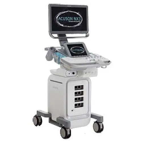 White medical ultrasound machine with acoustic nx3 monitor and control panel for treatment session in glumeter stellar 100 ventilator rental