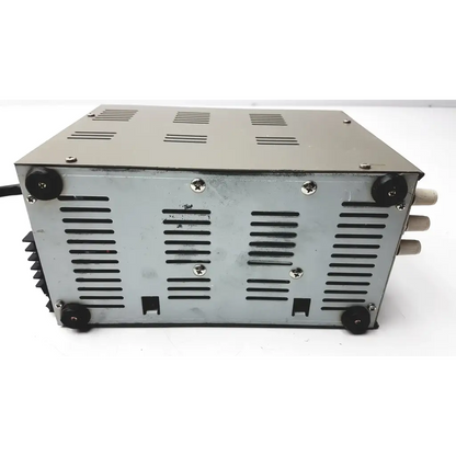 Silver metallic goldstar dc power supply gp 303 with black rubber feet and ventilation slits for reuse medical use