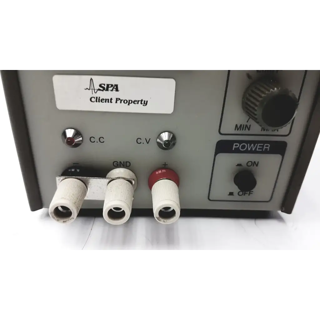 Gray metal goldstar dc power supply gp 303 with labeled input jacks and power switch for reuse medical testing