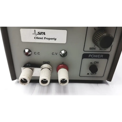 Gray metal goldstar dc power supply gp 303 with labeled input jacks and power switch for reuse medical testing