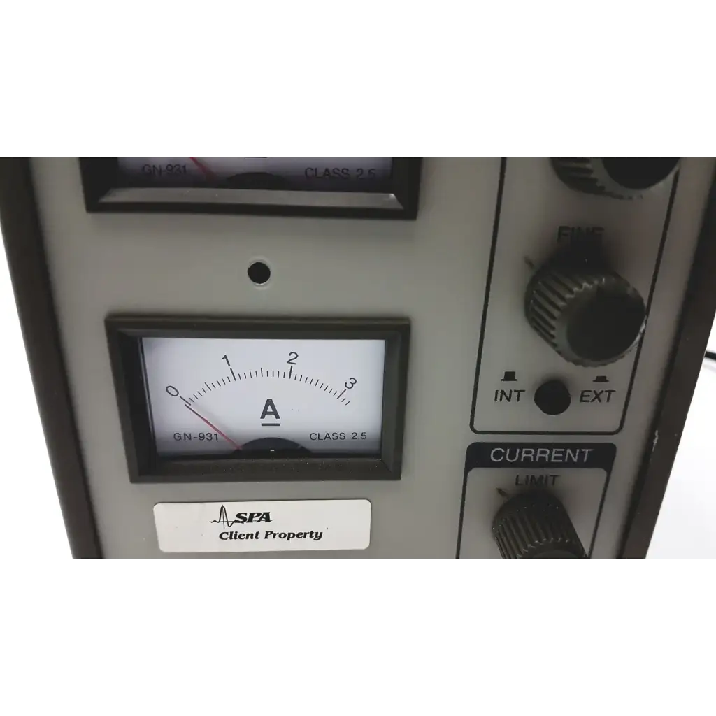 Silver metal panel of goldstar dc power supply gp 303 with two analog ammeters and rotary knobs for reuse medical use