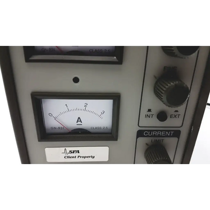 Silver metal panel of goldstar dc power supply gp 303 with two analog ammeters and rotary knobs for reuse medical use