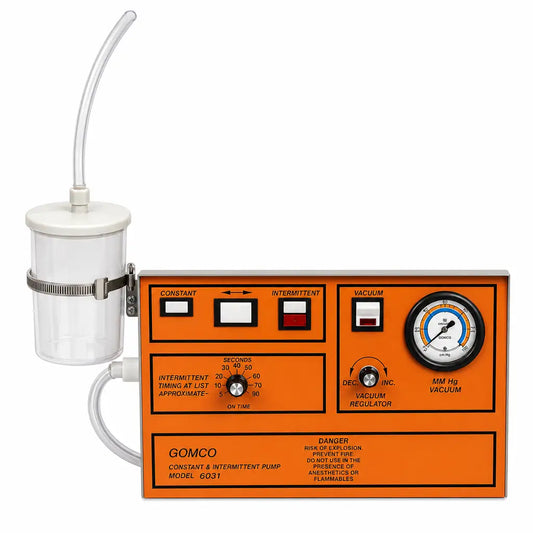 Gomco 6031 orange constant and intermittent suction pump with white collection container for gastric drainage