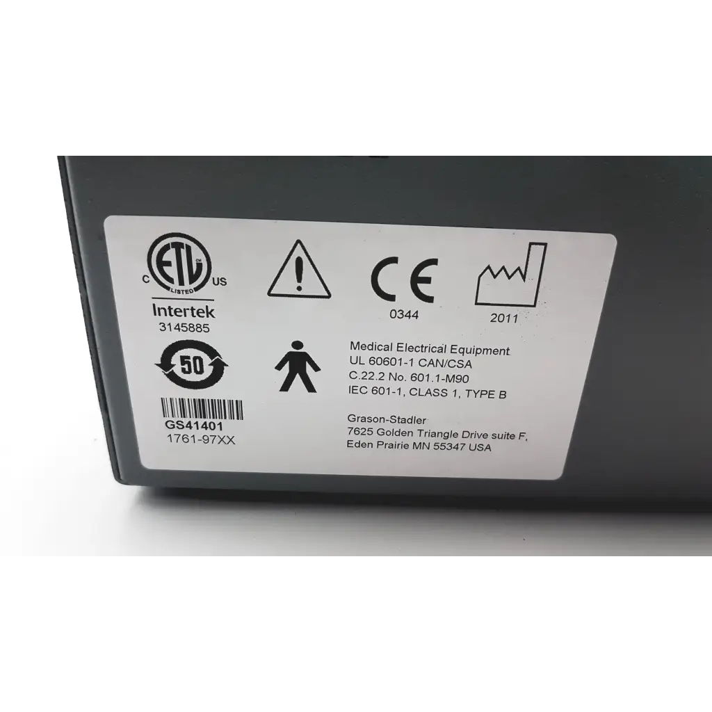 Gray rectangular medical electrical equipment box with certification label on the back of stadler gsi clinical audiometer 1761-97xx