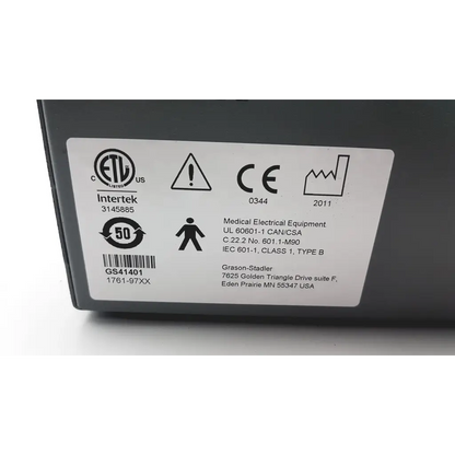 Gray rectangular medical electrical equipment box with certification label on the back of stadler gsi clinical audiometer 1761-97xx
