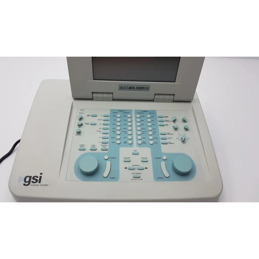 Grason Stadler GSI 61 clinical audiometer with light gray and pale blue panel, buttons, knobs, and integrated screen model 1761-97xx