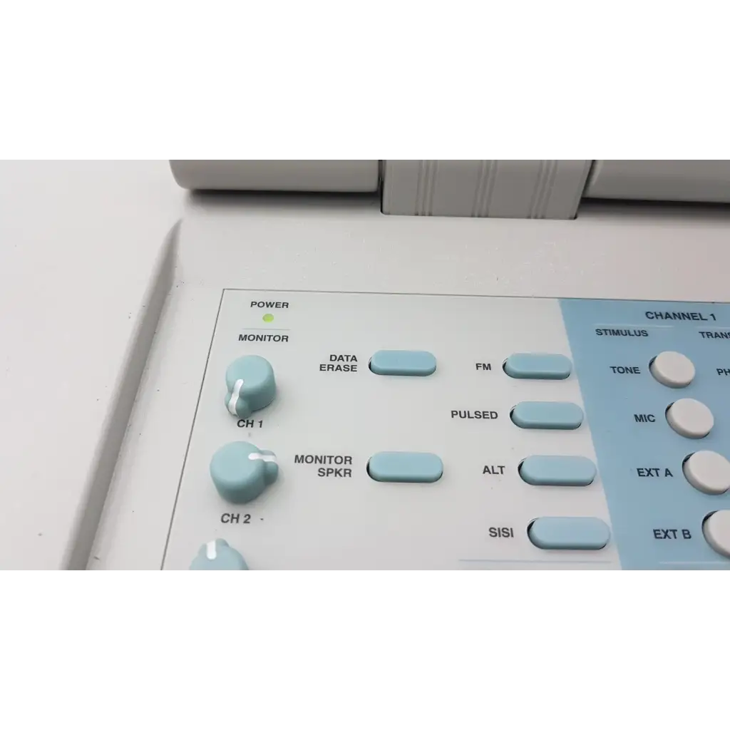 White medical device control panel with light blue buttons and knobs for stadler gsi clinical audiometer 1761-97xx