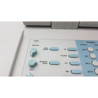 White medical device control panel with light blue buttons and knobs for stadler gsi clinical audiometer 1761-97xx
