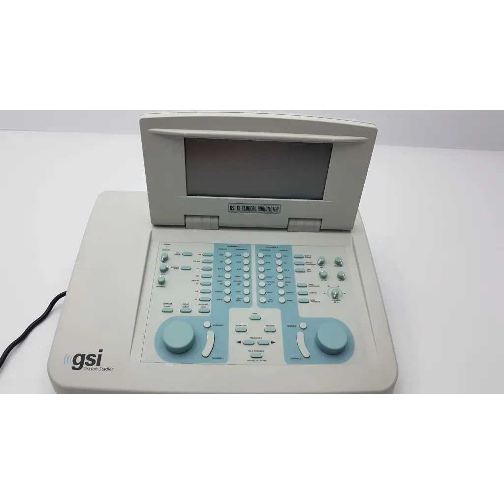 Grason stadler gsi 61 clinical audiometer 1761-97xx portable ultrasound machine with integrated screen and control panel in pale blue and gray