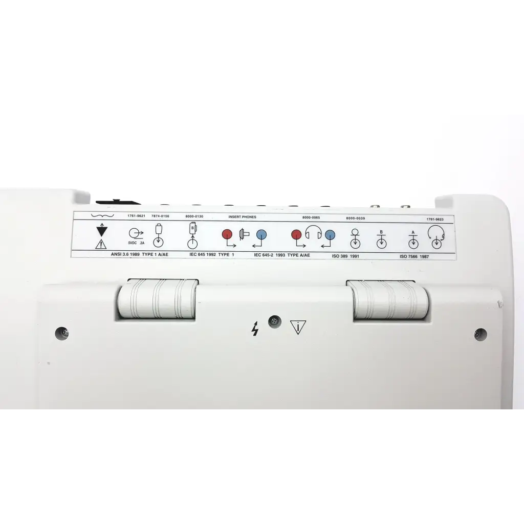 White plastic clinical audiometer 1761-97xx with labeled ports and safety symbols on the back side of stadler gsi device