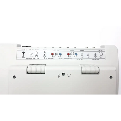 White plastic clinical audiometer 1761-97xx with labeled ports and safety symbols on the back side of stadler gsi device