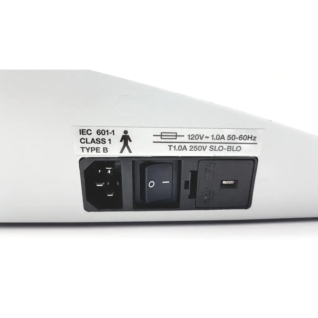 Rear panel of white stadler gsi 61 clinical audiometer 1761-97xx with black power inlet toggle switch and grounding port