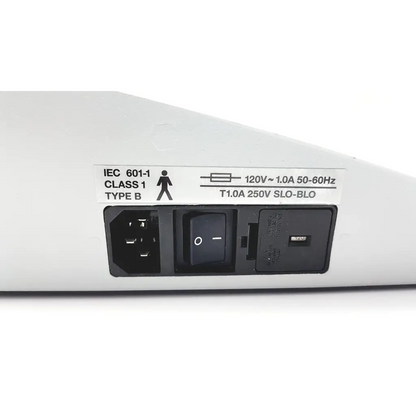 Rear panel of white stadler gsi 61 clinical audiometer 1761-97xx with black power inlet toggle switch and grounding port