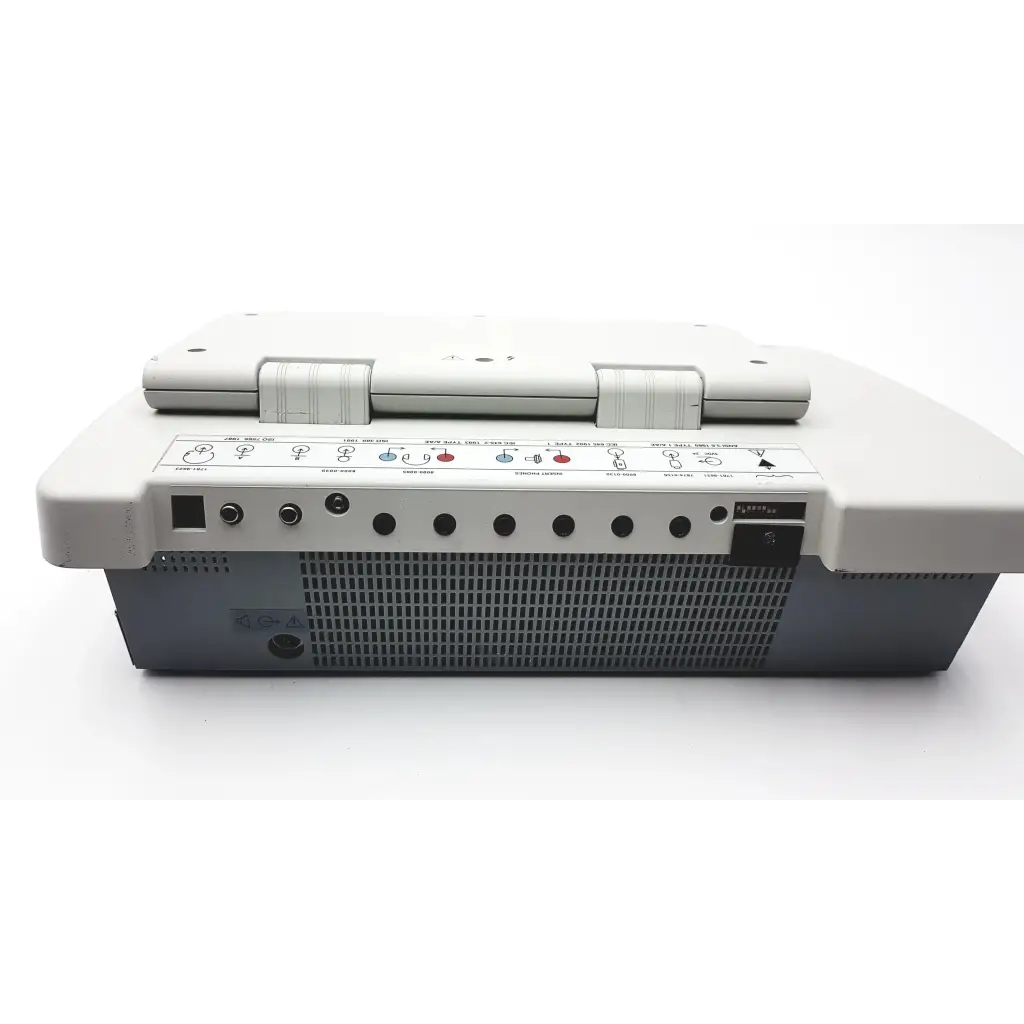 Gray stadler gsi clinical audiometer 1761-97xx with hinged lid and multiple ports on the front panel