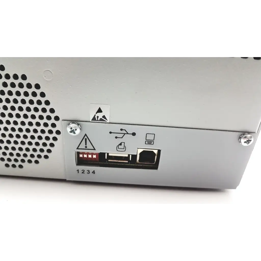 Rear panel of silver stadler gsi 61 clinical audiometer 1761-97xx with perforated ventilation grille and labeled ports