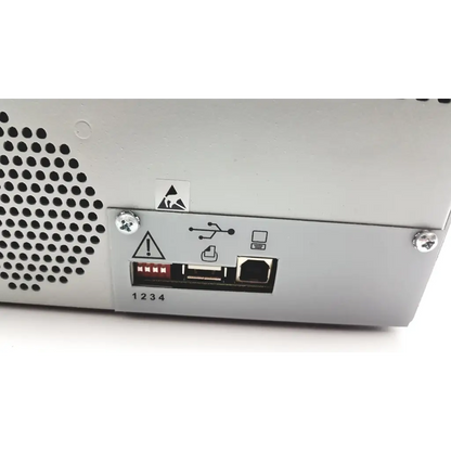 Rear panel of silver stadler gsi 61 clinical audiometer 1761-97xx with perforated ventilation grille and labeled ports