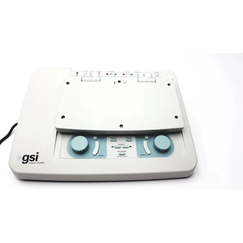 White stadler gsi clinical audiometer 1761-97xx with light blue control knobs and buttons for hearing tests