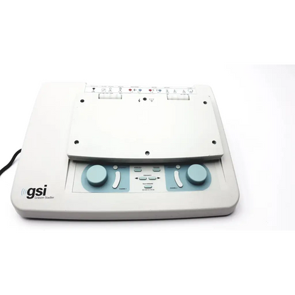White stadler gsi clinical audiometer 1761-97xx with light blue control knobs and buttons for hearing tests