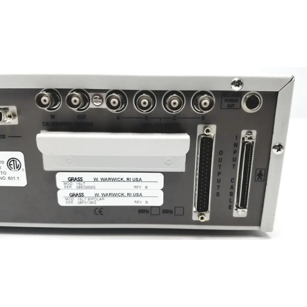 Gray metal back panel of grass 15lt physiodata amplifier system with bnc connectors and d-sub output ports