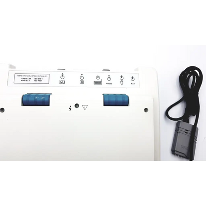 White gsi tympstar middle ear analyzer with two blue cylinders and black power cable for middle ear testing