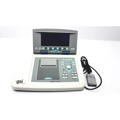 Gray and white Grayston-Stadler gsi tympstar middle ear analyzer with digital display, control buttons, and attached probe