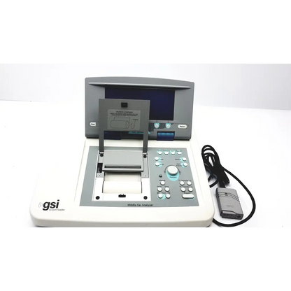 Gray and white Grayston-Stadler GSI TympStar middle ear analyzer with digital display control panel and paper printer slot