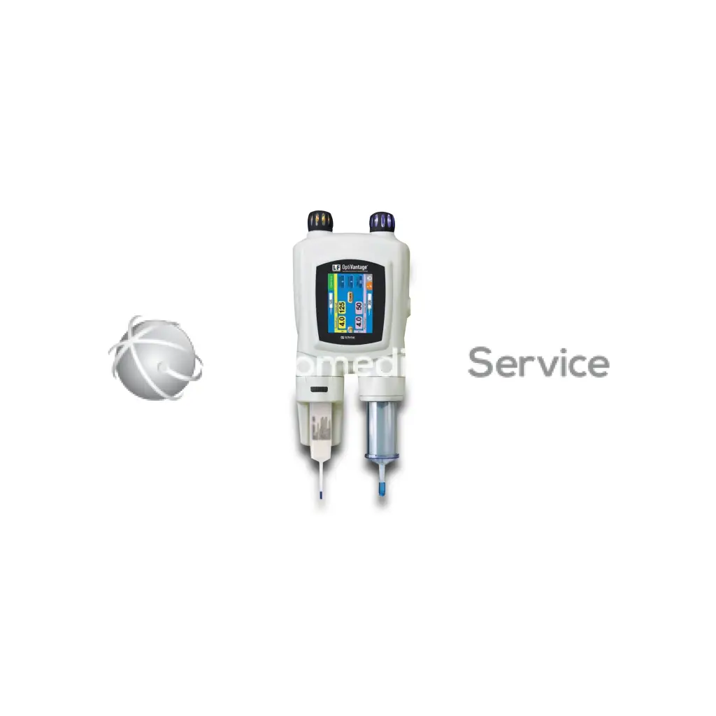 White and blue medical infusion pump with digital display screen for biomedical service by Guerbet OptiVantage DH