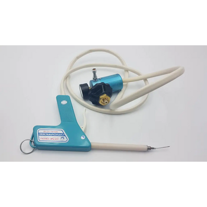 Blue handheld torch with white coiled hose and metallic nozzle in gyne-tech cryo-probe gt-1s device