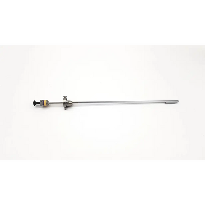 Silver gyrus acmi e163 23fr visual obturator with black handle yellow accent and long metallic shaft ending in flat tip