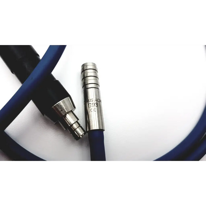 Silver metallic connector with engraved text and blue insulated cable of gyrus acmi g93 surgical optic cable