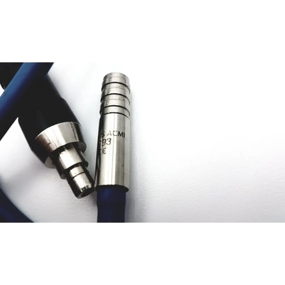 Silver metallic connector with engraved markings and blue cable attached for gyrus acmi g93 surgical optic cable