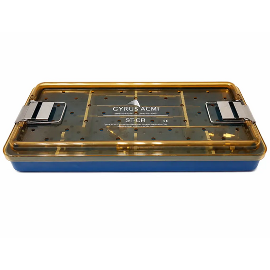 Blue and gold gyrus acmi sterilization tray with transparent lid labeled st-cr for medical equipment storage