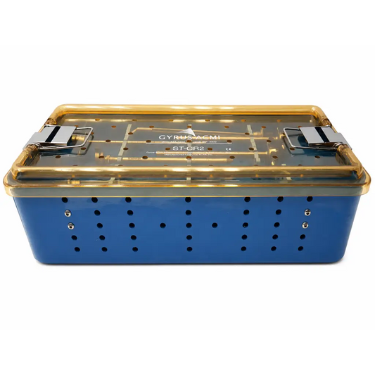 Blue gyrus acmi sterilization tray with gold metal lid silver clamps and perforated sides for medical equipment use