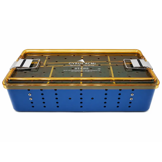 Blue and gold gyrus acmi st-cr2 sterilization tray with perforated sides for cystoscopy and resection medical equipment