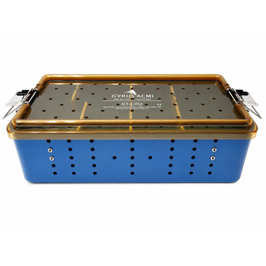 Blue and gold gyrus acmi sterilization tray with perforated sides for cystoscopy and resection medical equipment storage