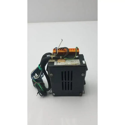 Black rectangular Habermann power transformer with ventilation grille orange terminal block and bundled wires pri 3x400 480v sec 24v