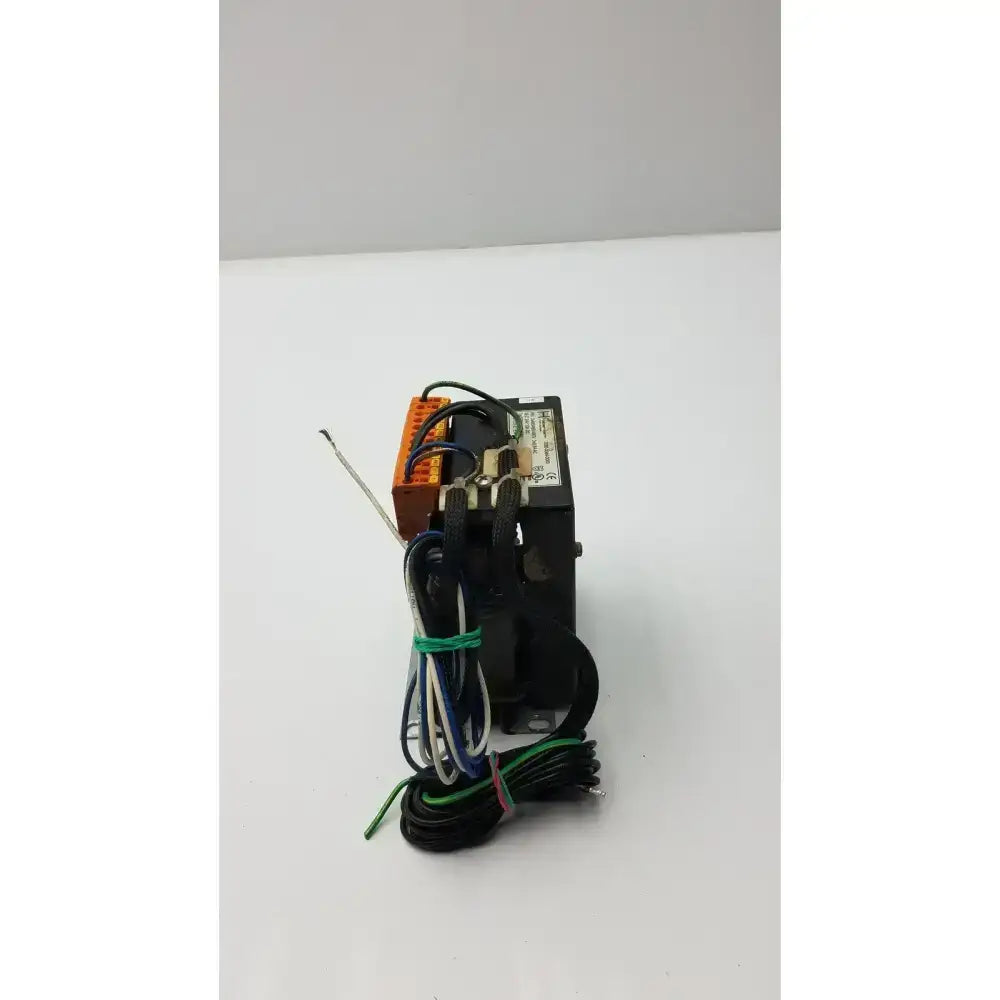 Black habermann 3080-0044-0000 electrical transformer with orange terminal block and multi-colored wires pri 3x400 480v sec 24v